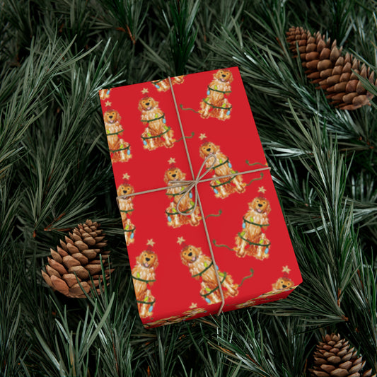 Festive Christmas Red Golden Retriever Gift Wrap - Red