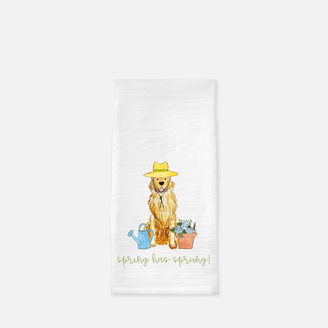 Spring Flower Power Golden Retriever Tea Towel