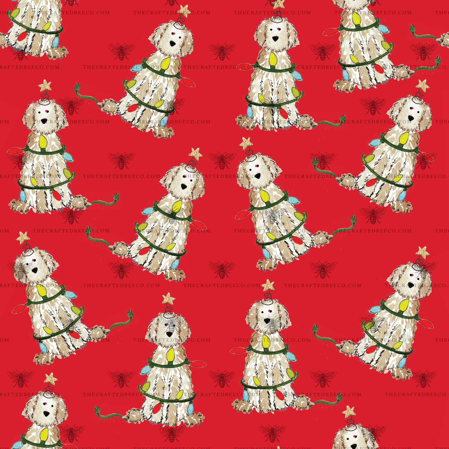 Festive Christmas Cream Doodle Gift Wrap - Red