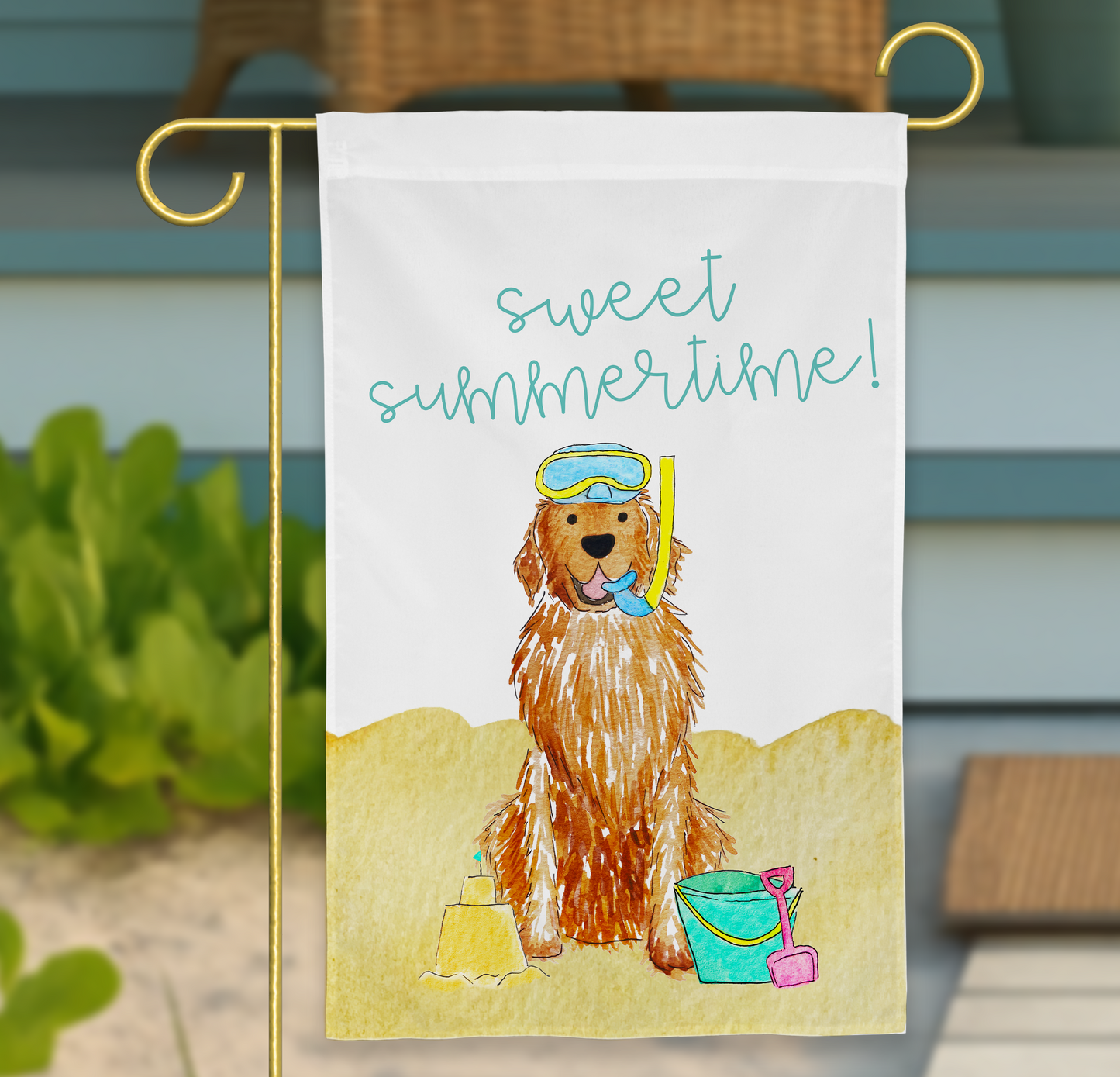 Sandy Summer Golden Retriever Garden Flag | Custom Summer Golden Retriever Garden Flag