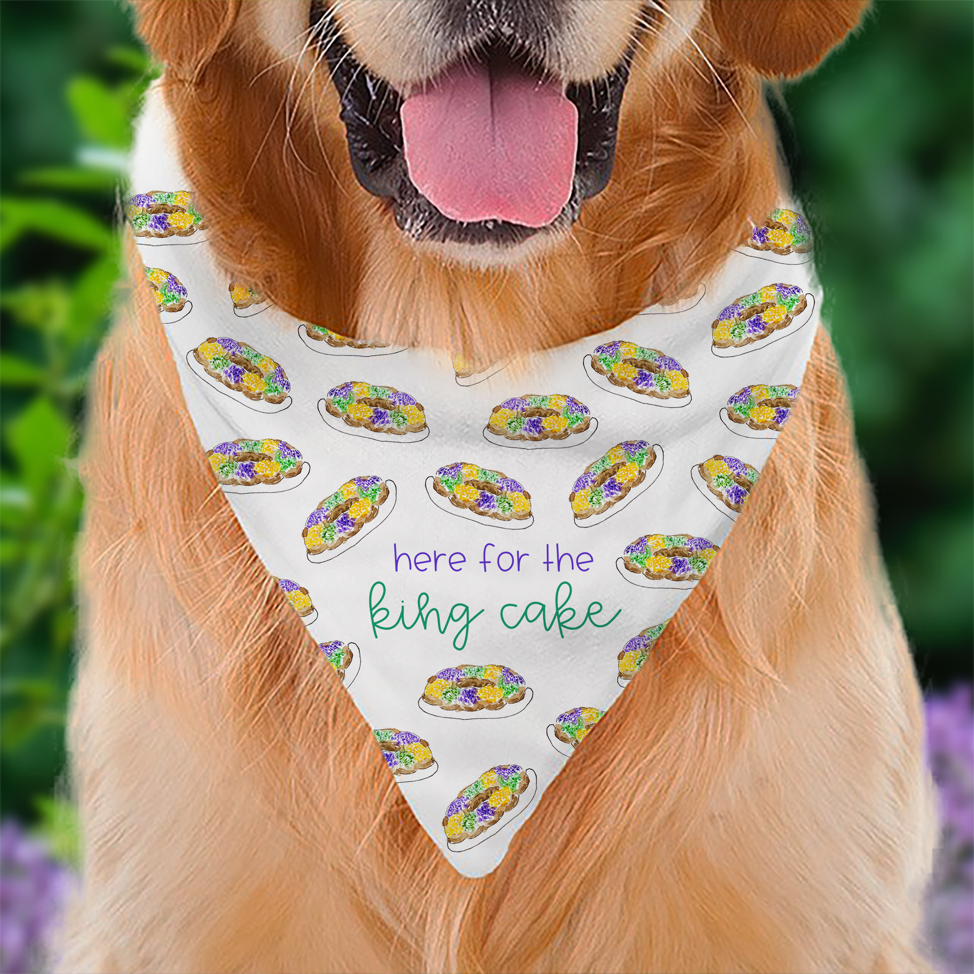 Mardi Gras Dog Bandana, Dog wearing a bandana with king cake pattern and text 'here for the king cake' against a blurred green and purple background.