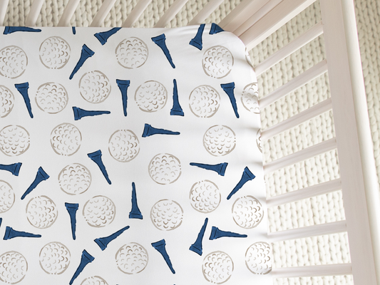 Golf Tee Pattern Crib Sheet - Navy and Beige