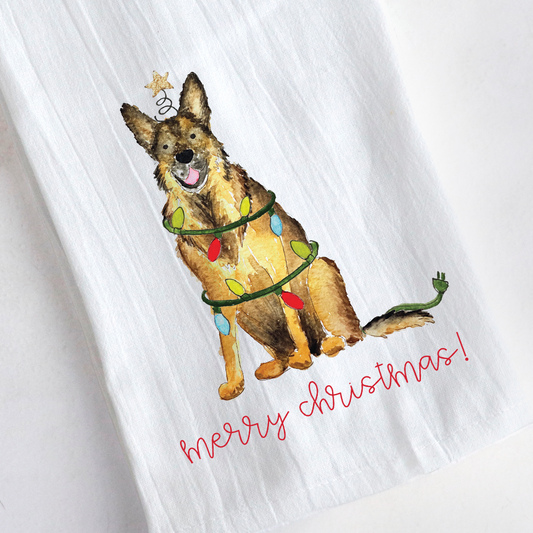 Festive German Shepherd Tea Towel