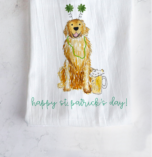 Lucky St Patricks Day Golden Retriever Tea Towel