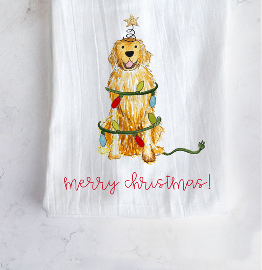 Festive Christmas Golden Retriever Tea Towel