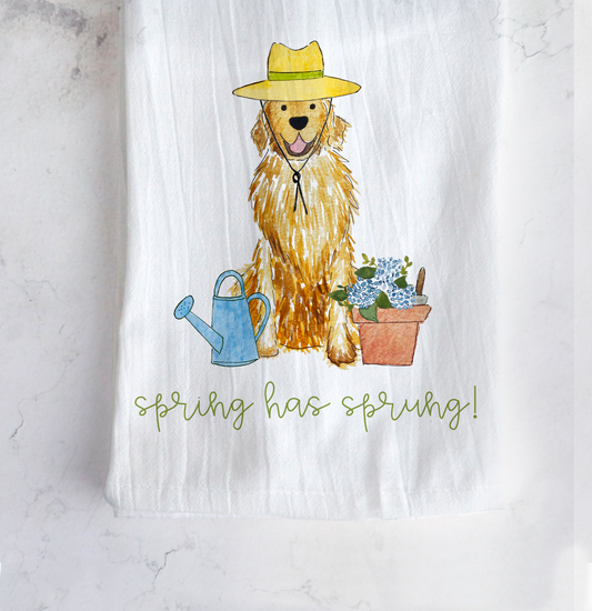 Spring Flower Power Golden Retriever Tea Towel