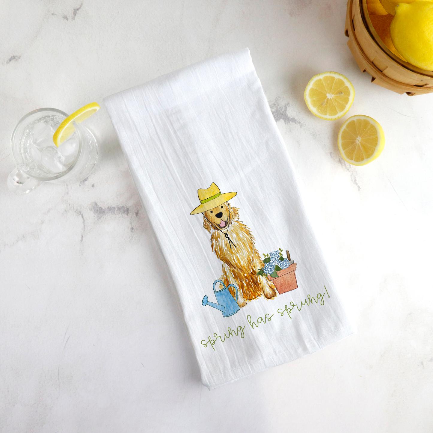 Spring Flower Power Golden Retriever Tea Towel