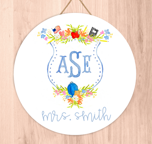 Personalized Monogram Crest Teacher Classroom Door Hanger