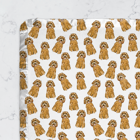 mini doodle baby blanket, minky baby blanket with satin trim, doodle baby gift, apricot doodle blanket, black doodle baby item