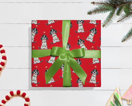 Festive Christmas Black Parti Spaniel Gift Wrap - Red