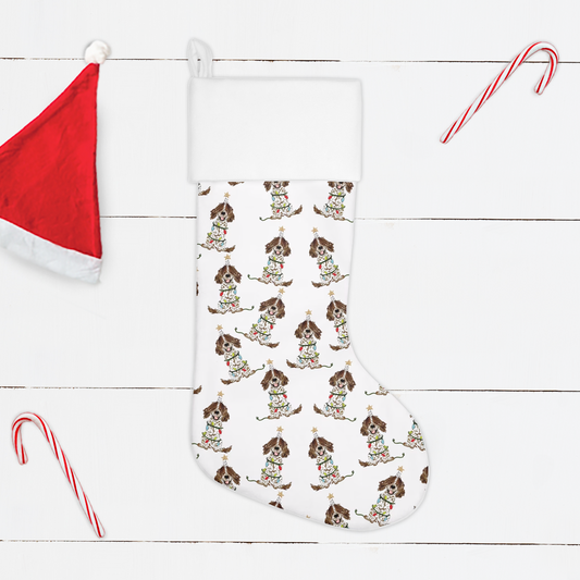 Festive Christmas Brown Parti Spaniel Stocking | Christmas Boykin Spaniel Pet Stockings, Dog Stocking