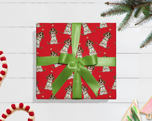 Festive Christmas Brown Parti Spaniel Gift Wrap - Red