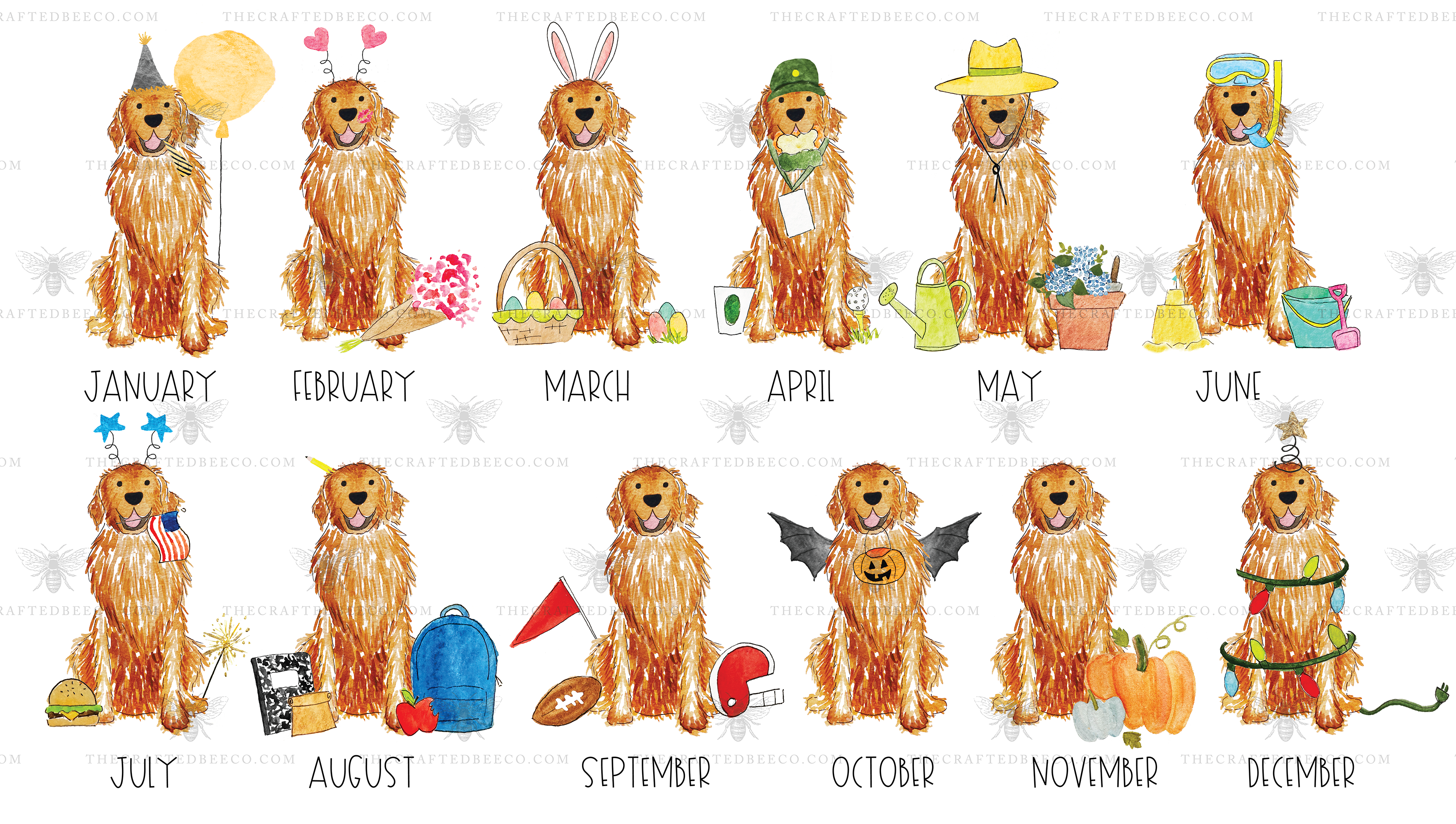 Red Golden Retriever 2024 Calendar The Crafted Bee Co   Calendarmonthsred 