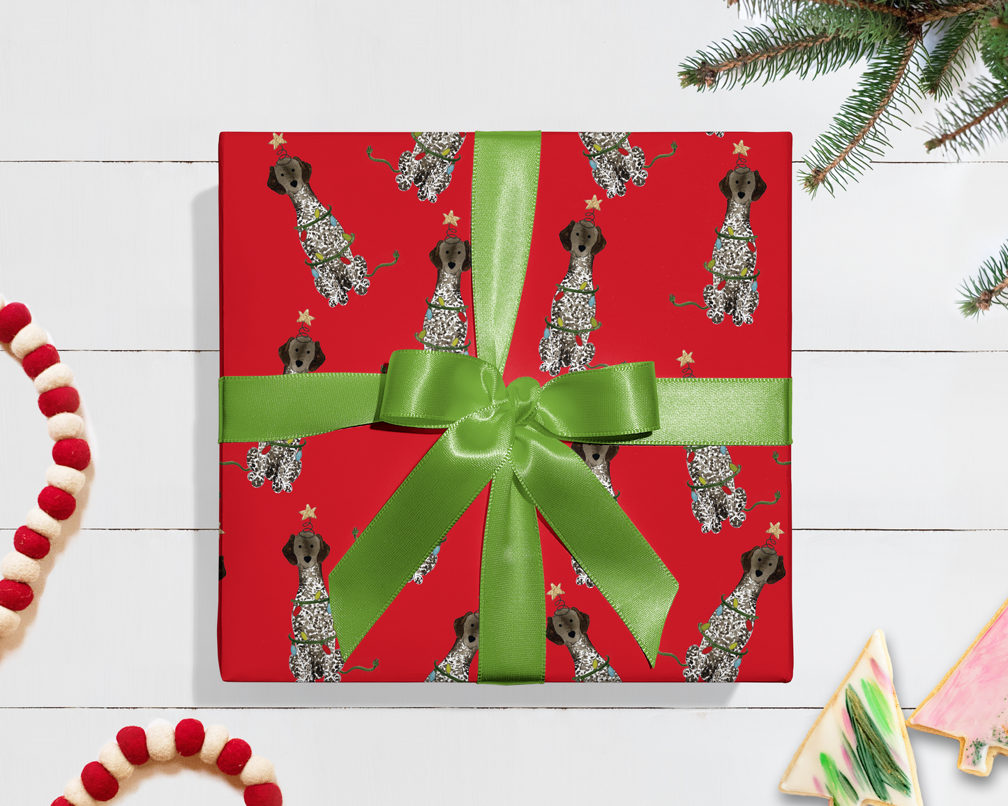 Festive Christmas Liver Roan German Shorthaired Pointer Gift Wrap - Red