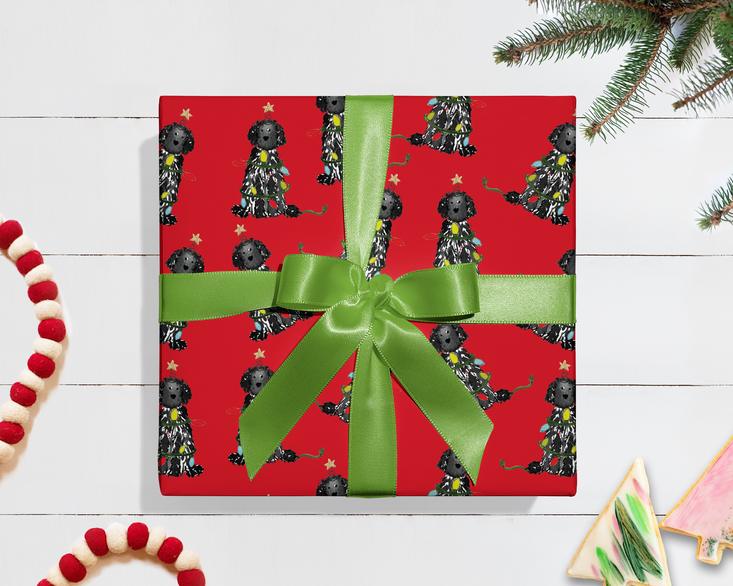 Festive Christmas Black Doodle Gift Wrap - Red