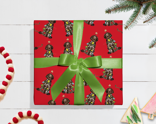 Festive Christmas Brown Doodle Gift Wrap - Red