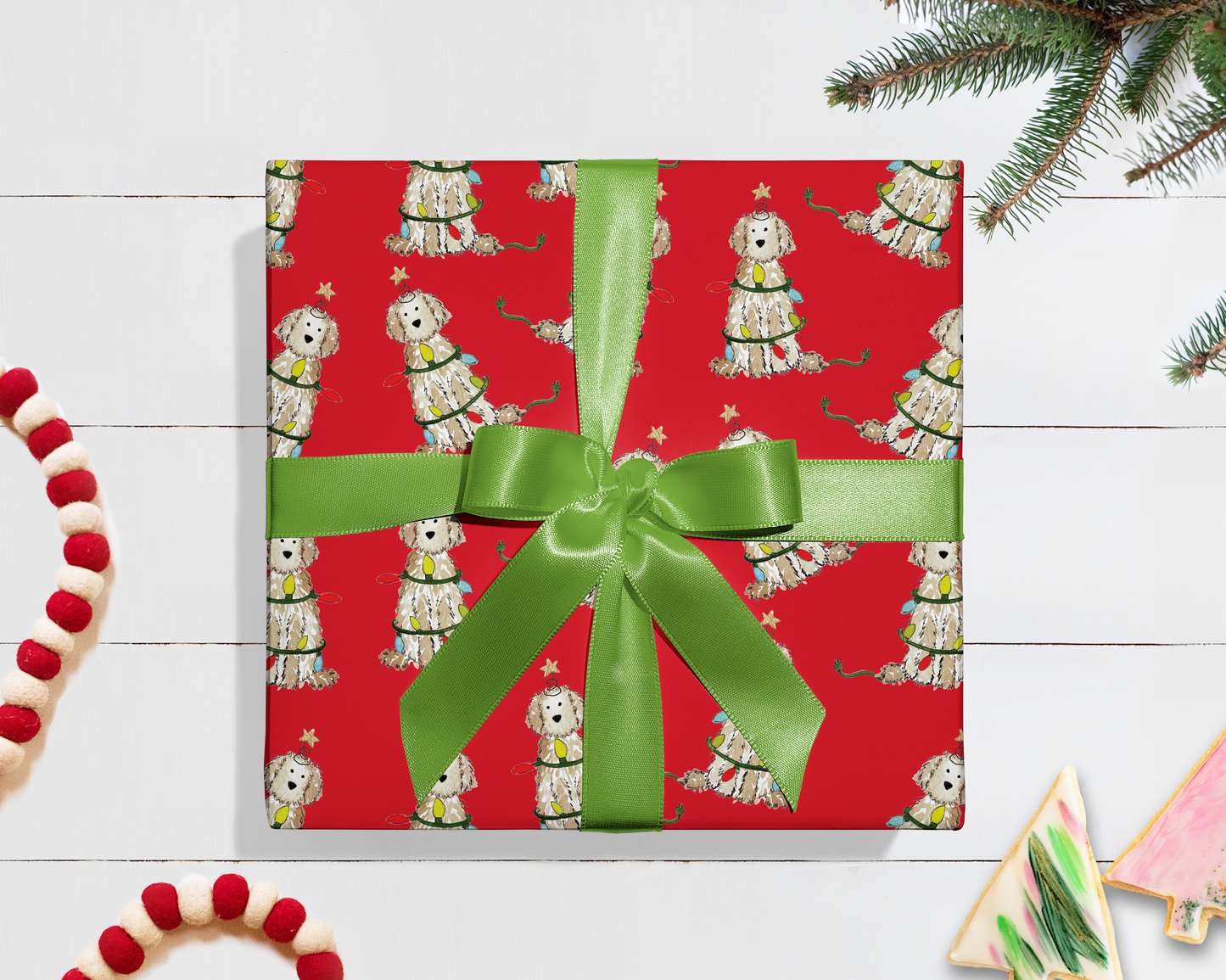 Festive Christmas Cream Doodle Gift Wrap - Red