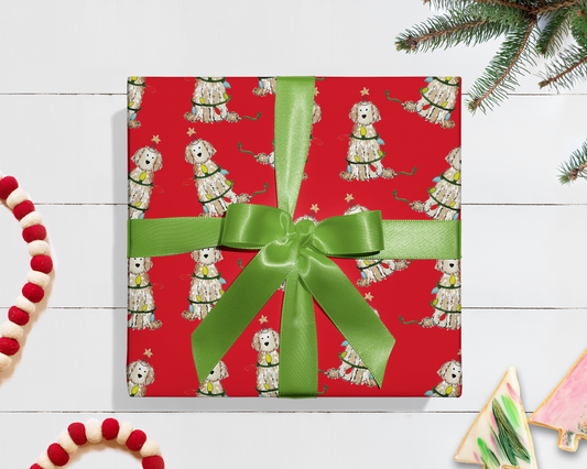 Festive Christmas Cream Doodle Gift Wrap - Red
