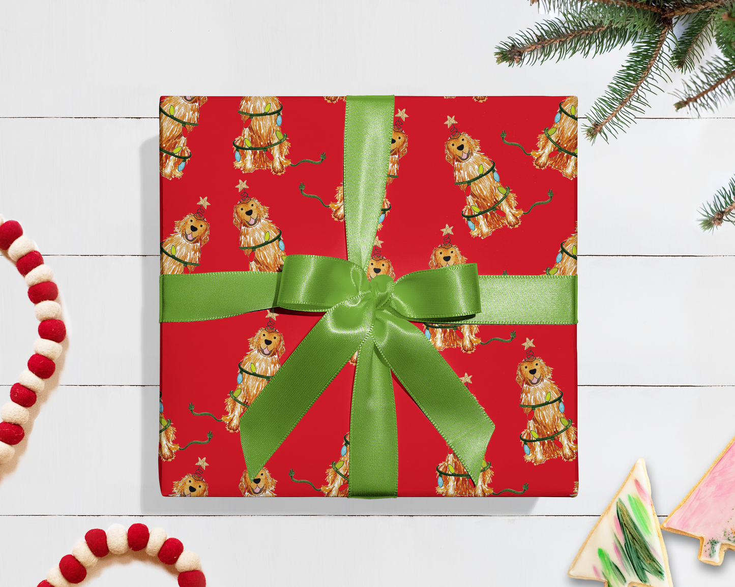 Festive Christmas Red Golden Retriever Gift Wrap - Red