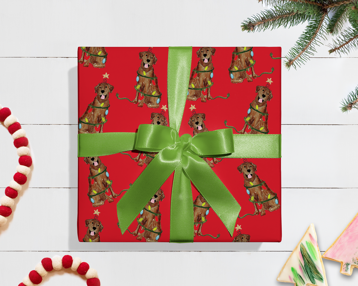 Festive Christmas Chocolate Lab Gift Wrap - Red