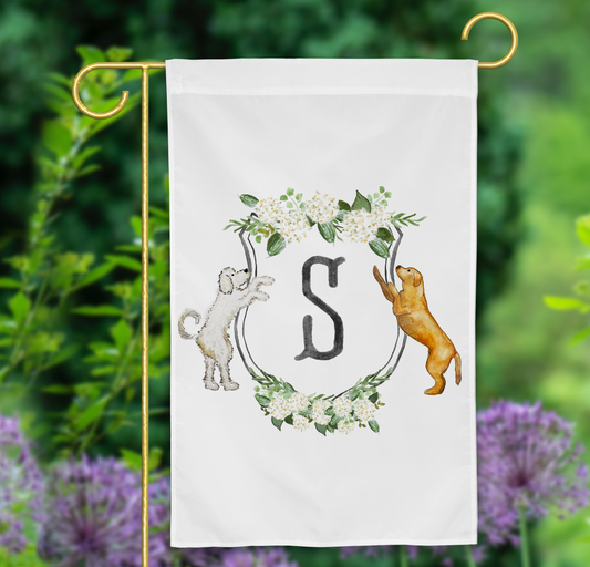 custom crest dog garden flags, white hydrangea watercolor monogram crest goldendoodle yellow lab