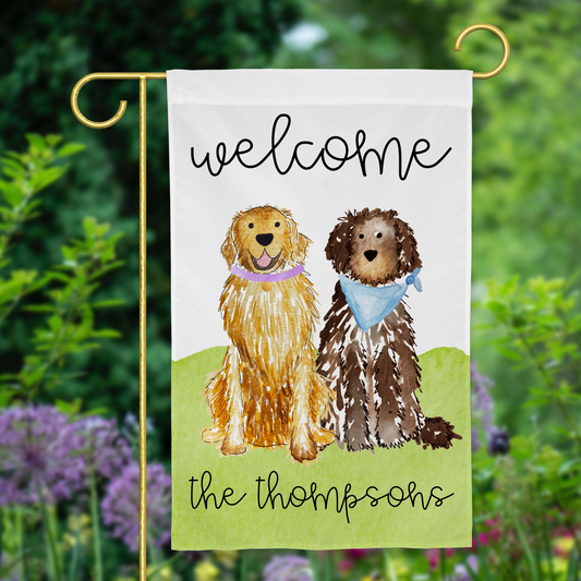 golden retriever garden flag, goldendoodle garden flag, labradoodle garden flag, dog garden flags, Personalized pet garden flag with Doodles and Labs, bernese mountain dog