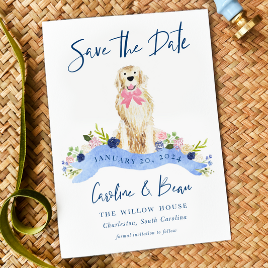 Custom dog save the date card with watercolor golden retriever and floral wreath