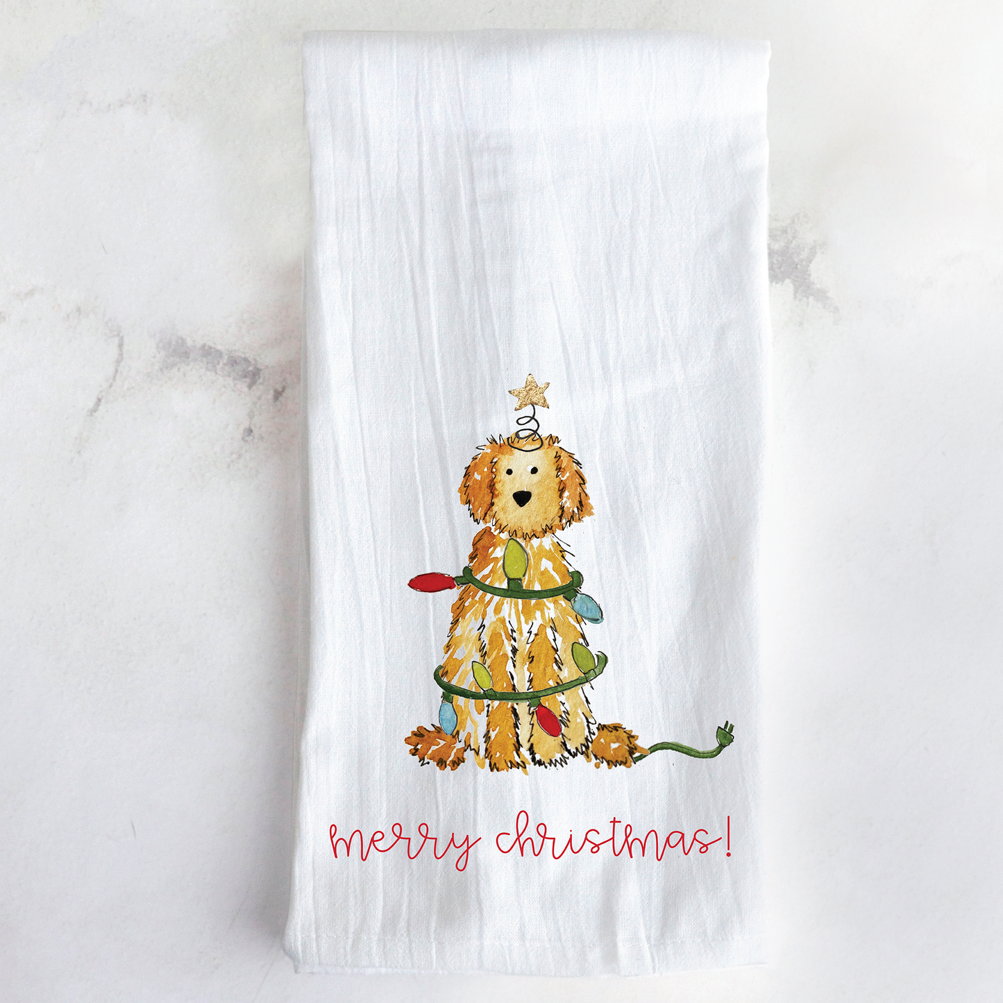 *Quick Ship* Festive Christmas Apricot Doodle Tea Towel