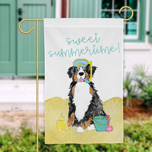 Sandy Summer Bernese Mountain Dog Garden Flag