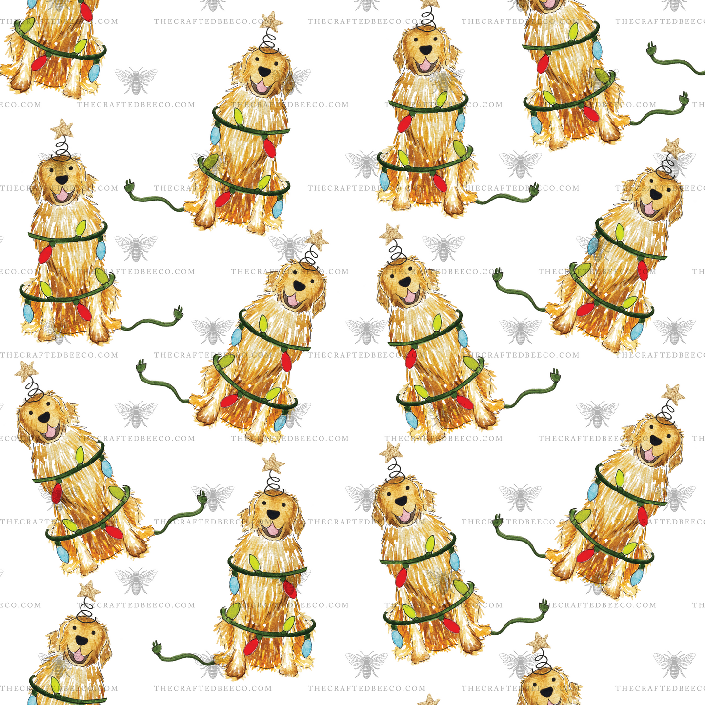 Close-up of watercolor Golden Retriever Christmas pajama fabric pattern with festive lights and gold star