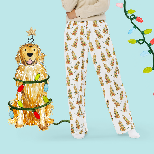 Golden Retriever Christmas pajamas with watercolor dog pattern and Christmas lights, front view