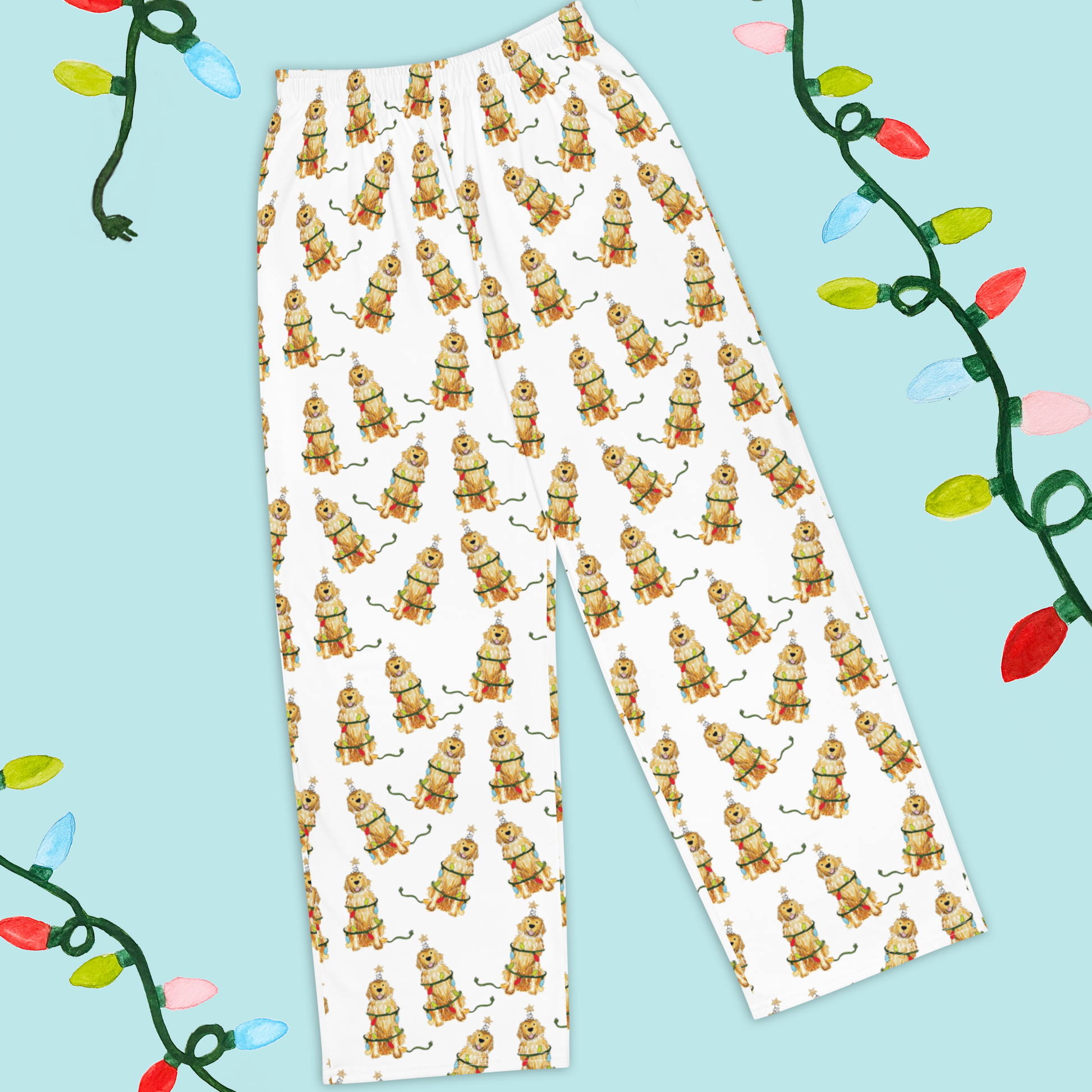 Golden Retriever Christmas pajamas with watercolor dog pattern and Christmas lights