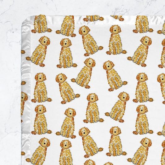golden doodle baby blanket minky with satin trim for golden doodle nursery, doodle baby blanket, goldendoodle baby gift, bernedoodle baby blanket, labradoodle baby blanket, aussiedoodle baby gift, minky baby blanket dog pattern, satin trim baby blanket, doodle dog baby item, baby blanket for dog lovers, dog lover baby gift, soft dog baby blanket, apricot doodle blanket, cream doodle baby gift, black doodle baby blanket, brown doodle dog blanket, bernedoodle baby shower gift