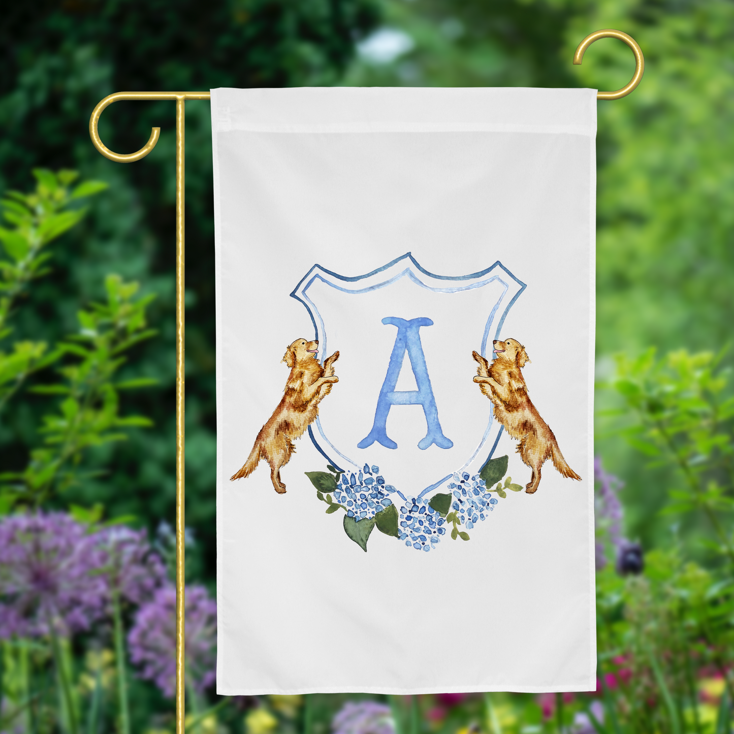 Personalized Watercolor Hydrangea Golden Retriever Crest Garden Flag