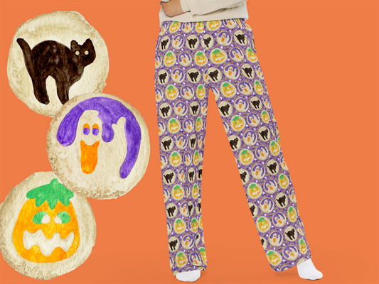 halloween pajama pants, halloween cookie pjs, slice and bake cookie pajamas, nostalgic halloween pajamas, spooky season loungewear, halloween lounge pants, ghost cat pumpkin pajamas, watercolor halloween pjs, halloween gift for her, halloween gift for him, cute halloween pajamas, fall pajama pants, purple halloween pajama pants, halloween movie night outfit, cozy halloween clothes