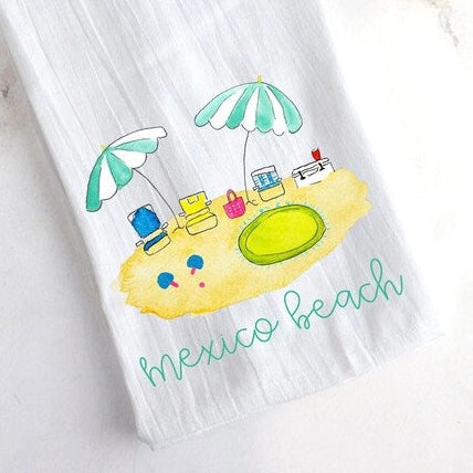 Personalized Summer Umbrella Beach Scene Tea Towel
