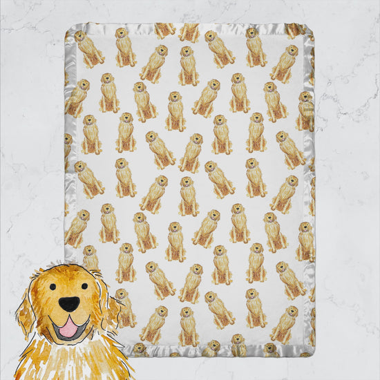 Watercolor Golden Retriever Baby Blanket with satin trim. Available in Golden Retriever, English Cream Golden Retriever, and Red Golden Retriever