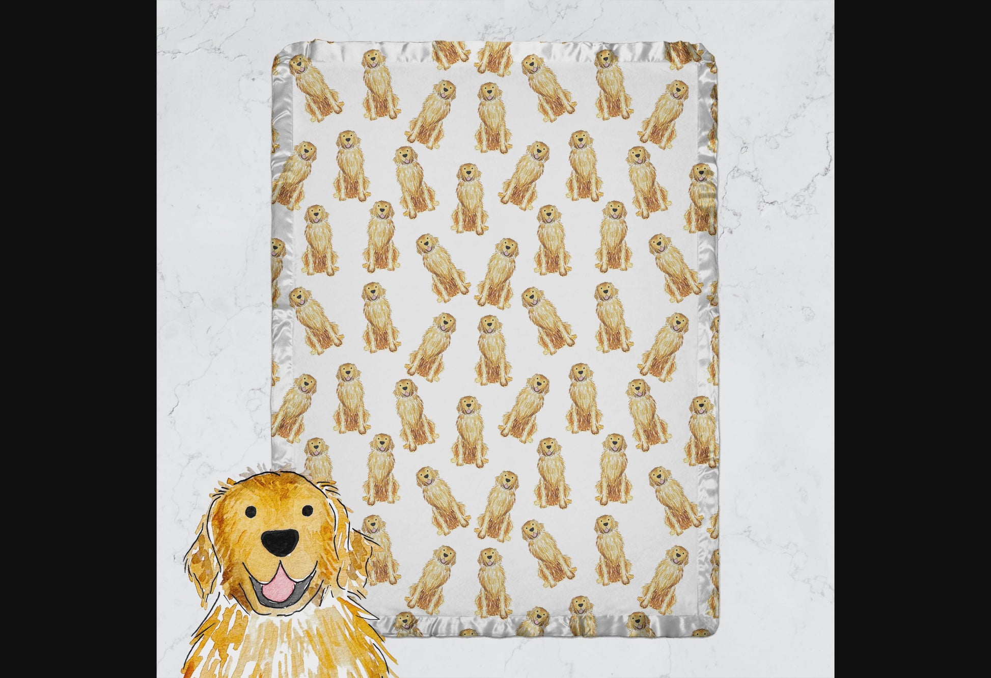Watercolor Golden Retriever Baby Blanket with satin trim. Available in Golden Retriever, English Cream Golden Retriever, and Red Golden Retriever