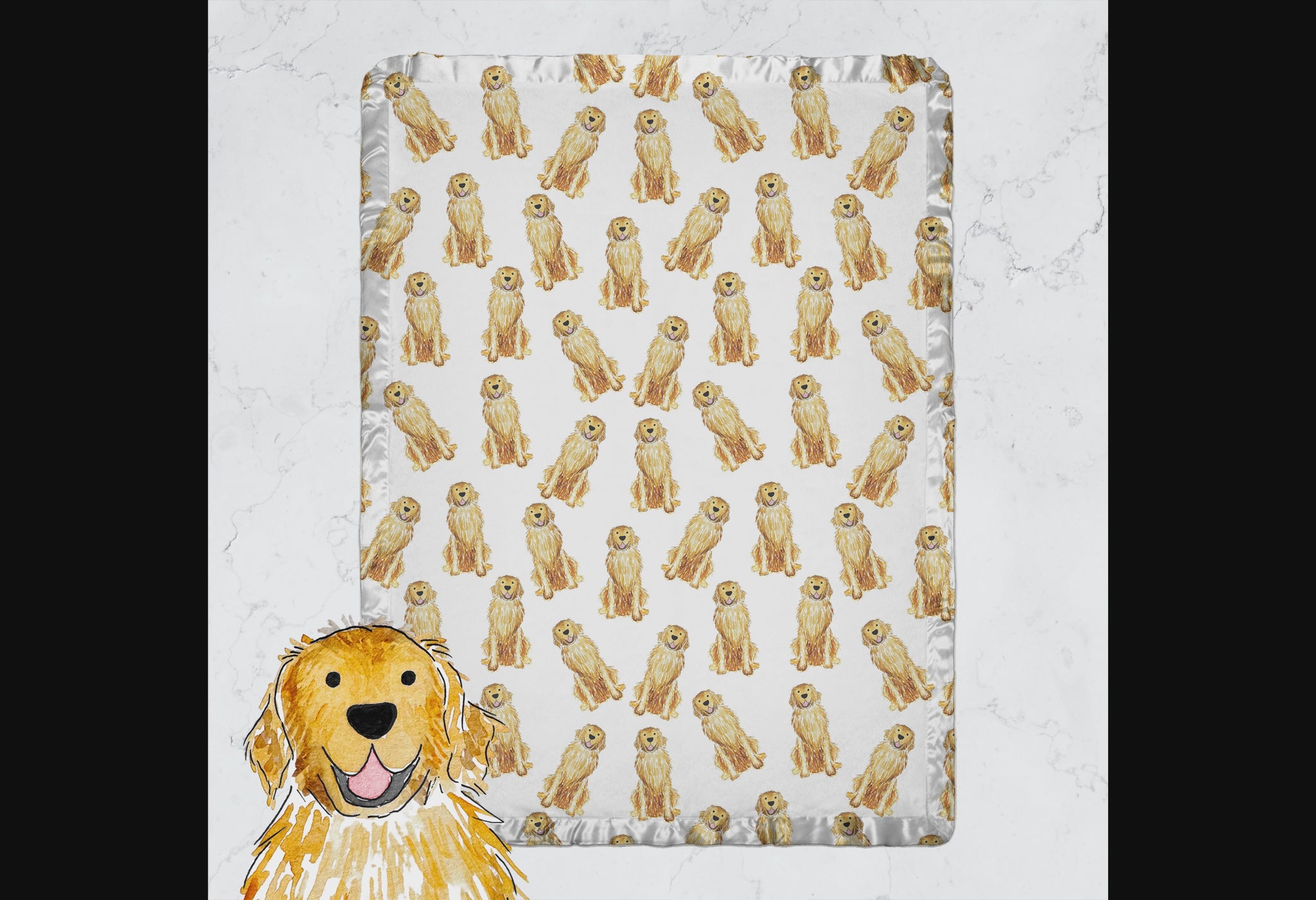 Watercolor Golden Retriever Baby Blanket with satin trim. Available in Golden Retriever, English Cream Golden Retriever, and Red Golden Retriever