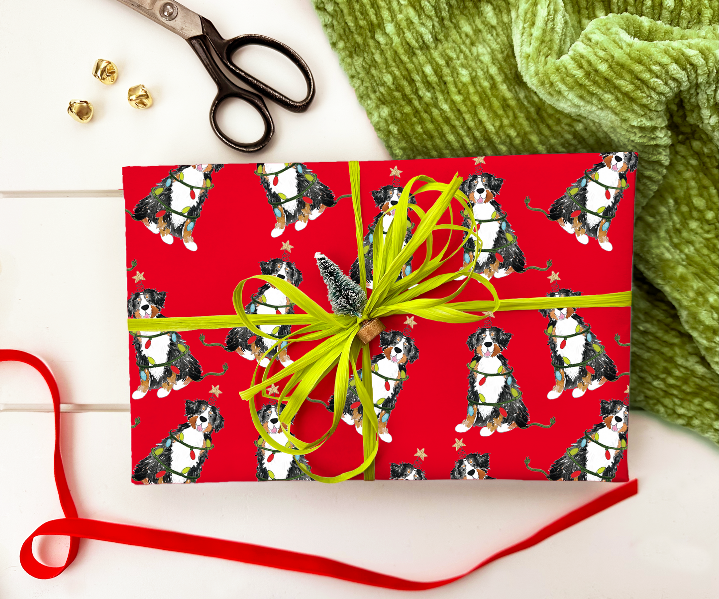 Festive Christmas Bernese Mountain Dog Gift Wrap - Red
