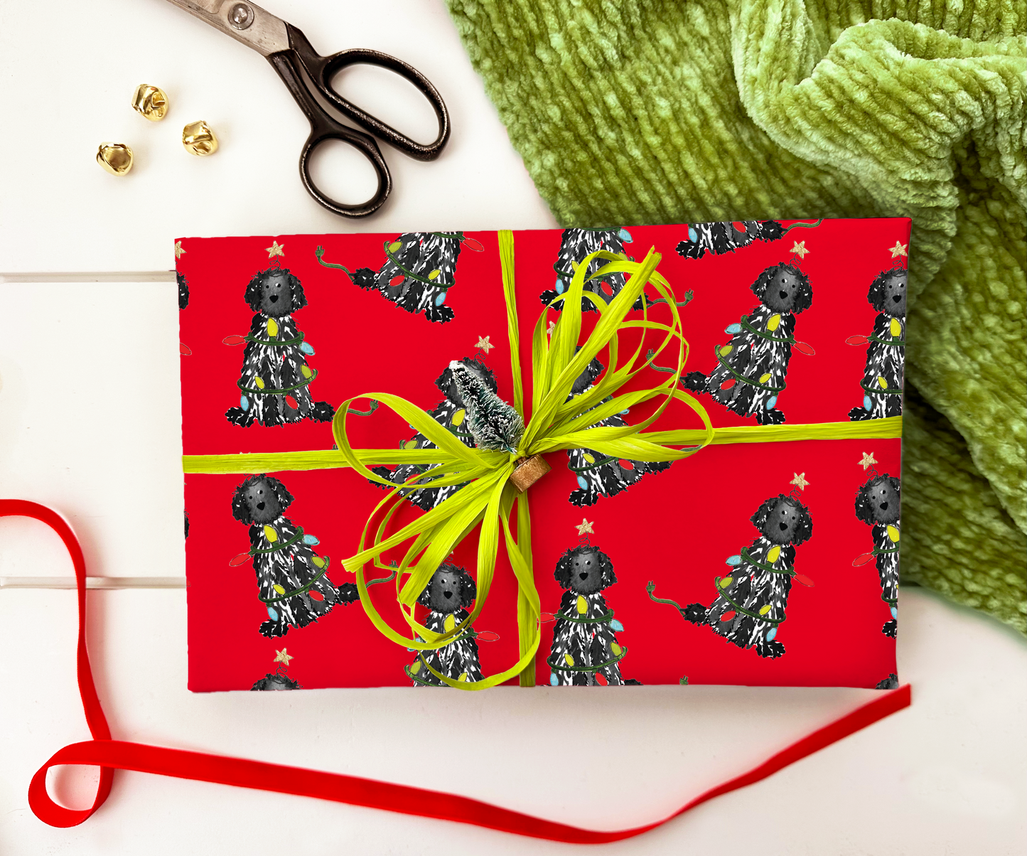Festive Christmas Black Doodle Gift Wrap - Red