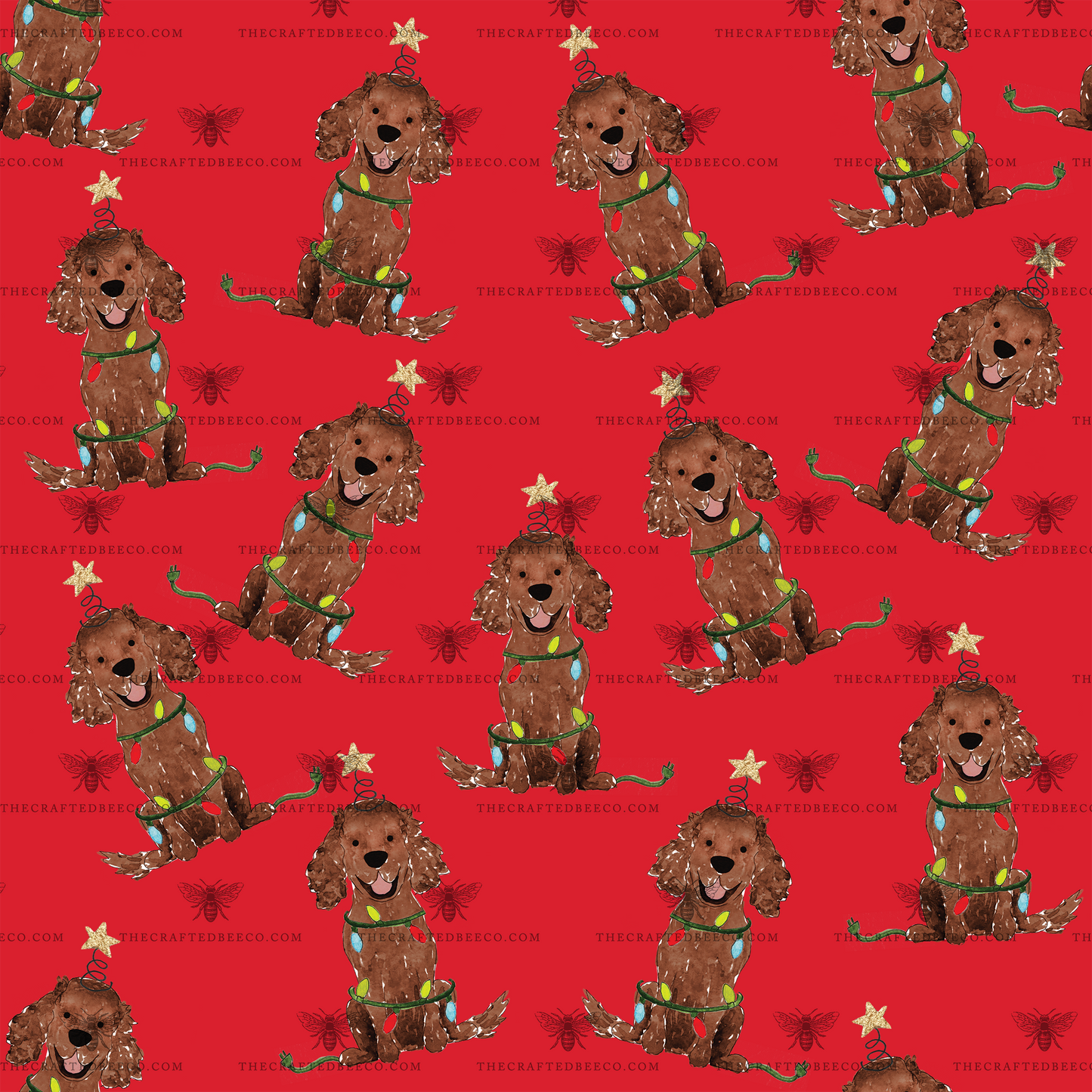 Festive Christmas Brown Spaniel Gift Wrap - Red