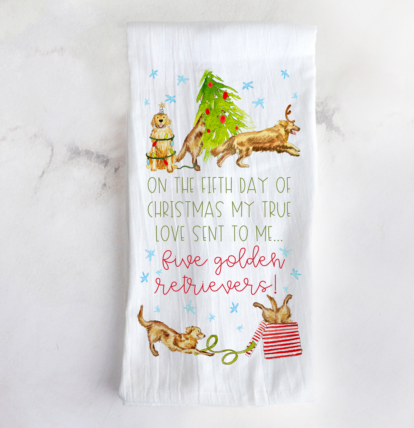 Christmas Five Golden Retrievers Tea Towel