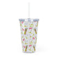 Pink Birdie Pattern Plastic Tumbler with Straw