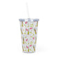 Pink Birdie Pattern Plastic Tumbler with Straw
