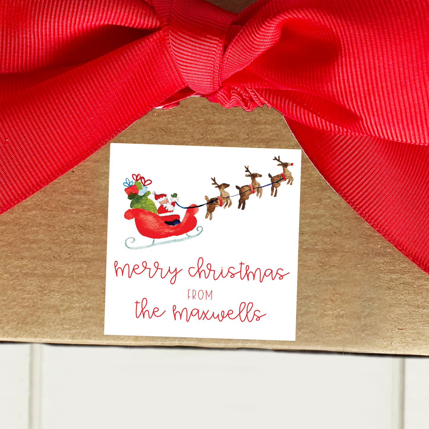 Personalized Watercolor Flying Santa Sticker Gift Tags