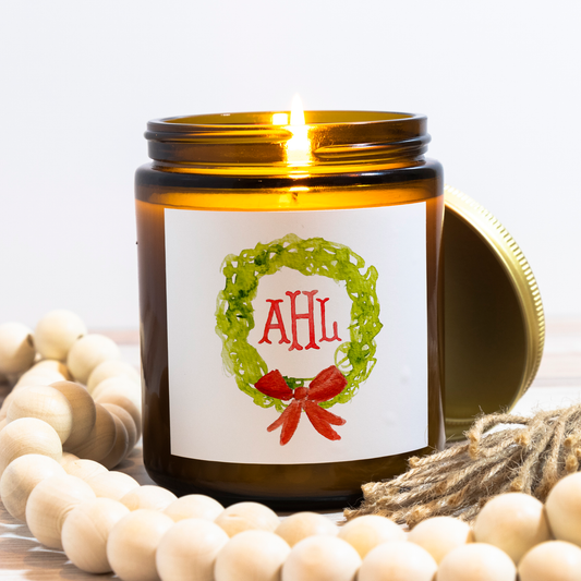 Personalized Initial Watercolor Wreath Amber Candle