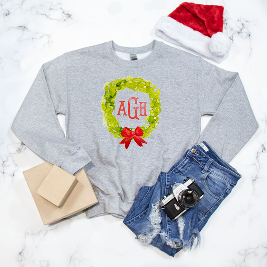 Monogram Christmas Wreath Adult Sweatshirt
