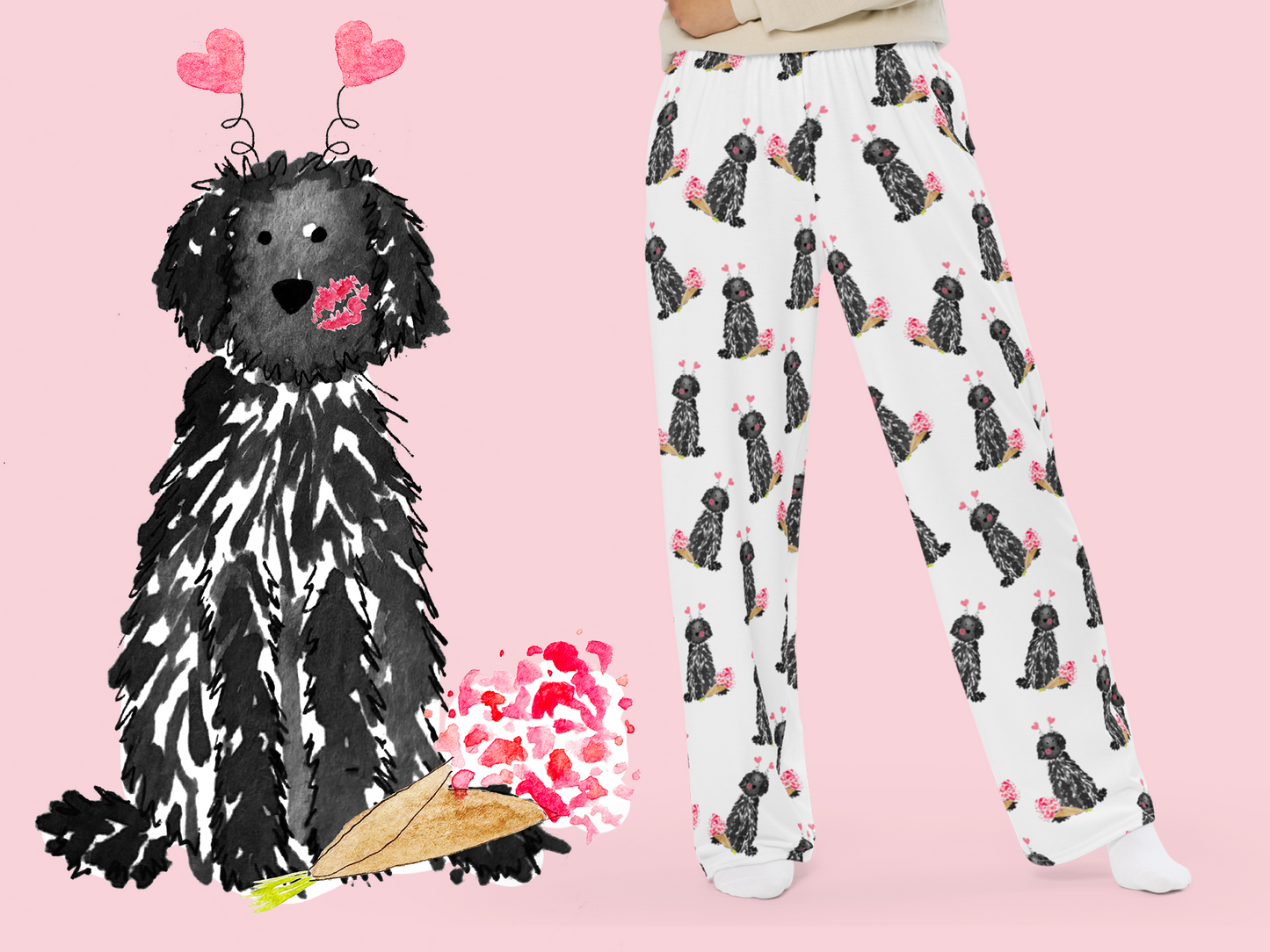 Black Lovey Dovey Doodle Pajama Pants