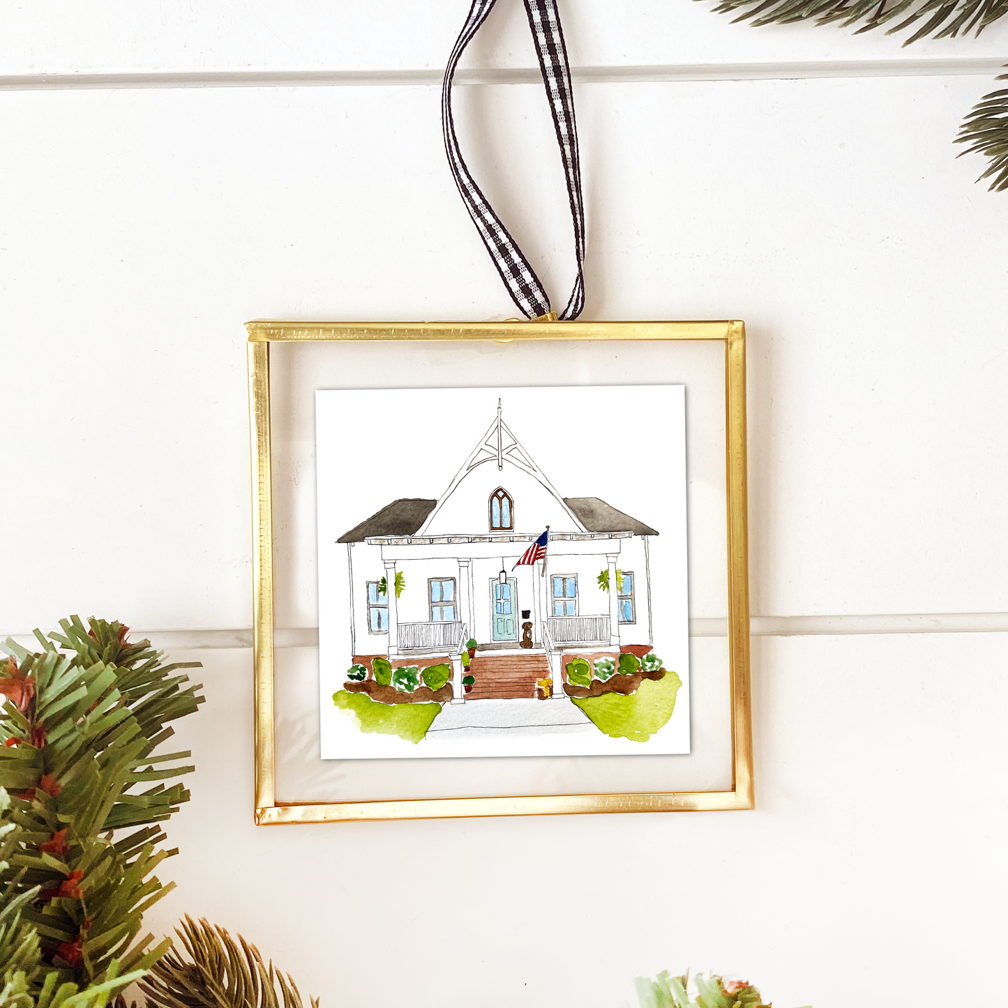 Brass framed custom watercolor house ornament
